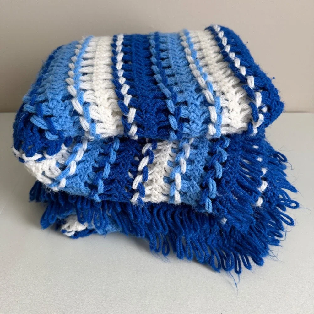 Vintage Handmade Crochet Afghan Blanket Blue White Striped Fringe Throw 97x47